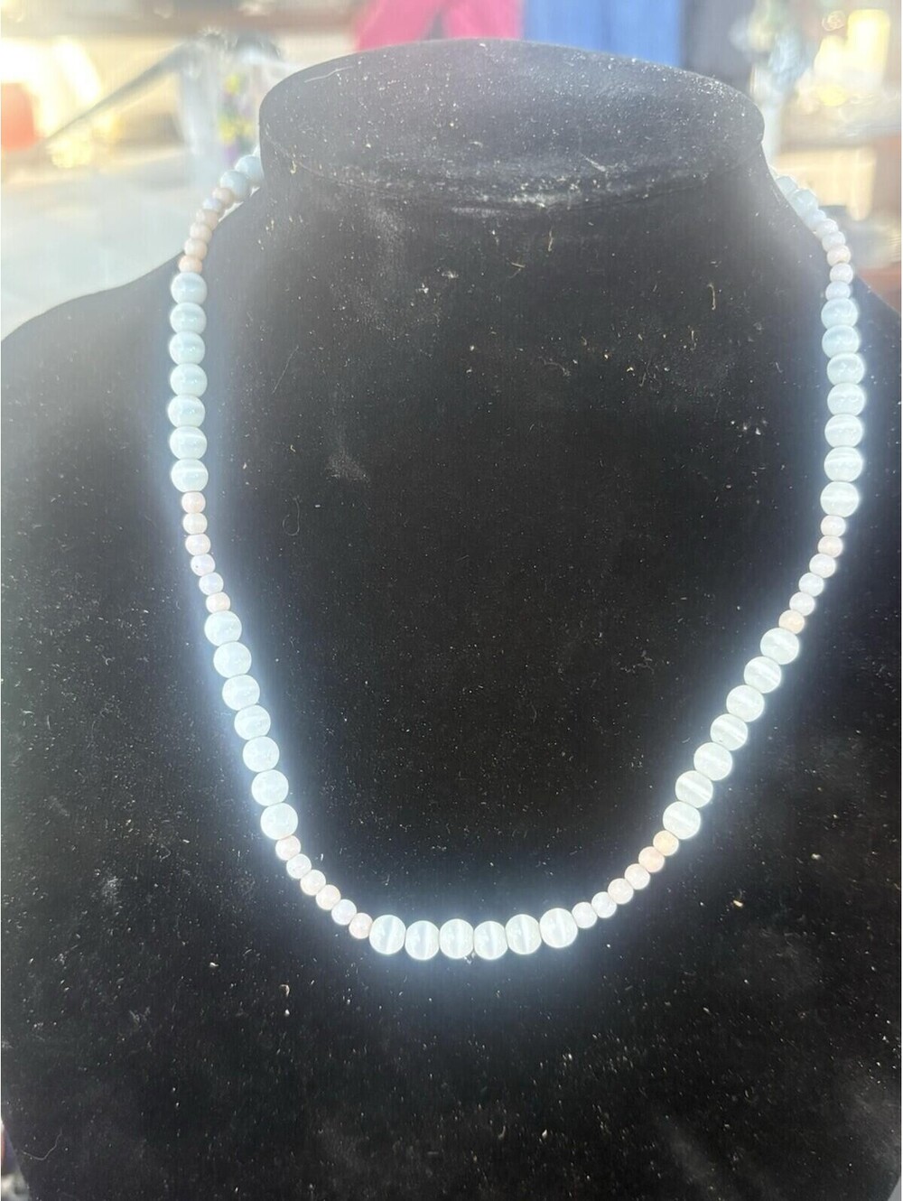 Blue Cats Eye And Angel Skin Coral Necklace